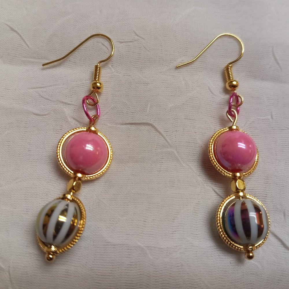 Steel Handmade Hand Crafted Pink & Rainbow Beaded Dangle Earrings Jewelry #52 - Picture 7 of 8